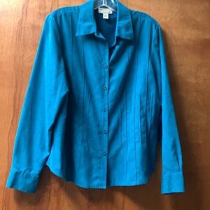 NWOT Talbots teal suede-feel button-up, long-sleeved blouse
